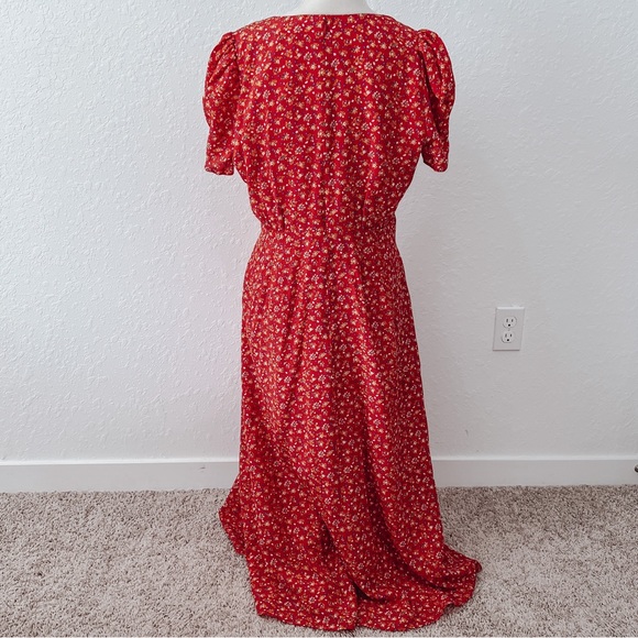 🚫Sold🚫 Dress Midi Wrap Floral Silk Puff Sleeve Red NWOT - Picture 8 of 9